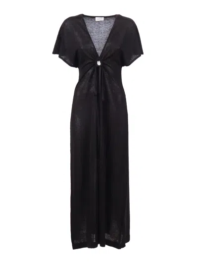 P.a.r.o.s.h Deep V Neck Draped Midi Dress In Black