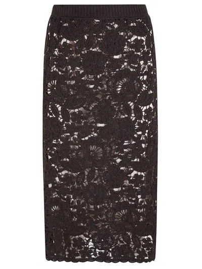 P.a.r.o.s.h Delicate Lace Midi Skirt With Floral Patterns In Brown