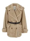 P.a.r.o.s.h Belted Double-breasted Eco Fur Jacket In Neutral