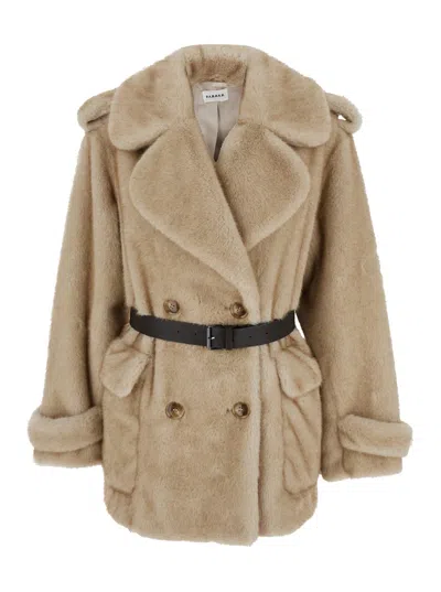 P.A.R.O.S.H BEIGE DOUBLE-BREASTED JACKET WITH WIDE REVERS AND WAISTBAND IN FAUX FUR WOMAN