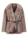 P.a.r.o.s.h . Double-breasted Faux Fur Jacket With Belted Waist And Welt Pockets In Brown