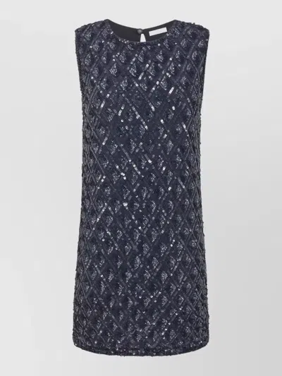 P.a.r.o.s.h Dress Embroidered Sequins Sleeveless Textured Round Neck In Blue