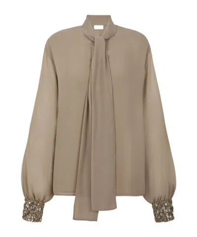 P.a.r.o.s.h Embellished-cuffs Bow-neck Blouse In Brown