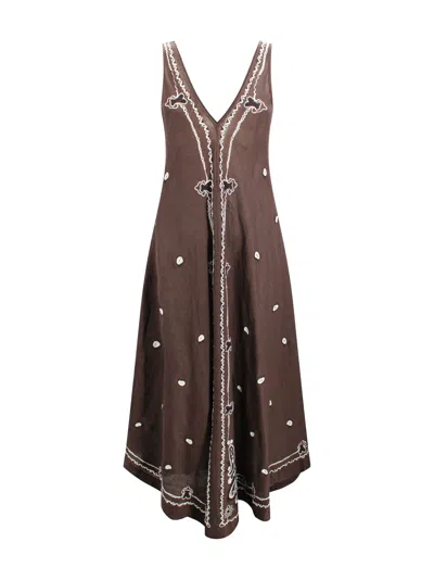 P.a.r.o.s.h Embroidered Linen Midi Dress In Brown