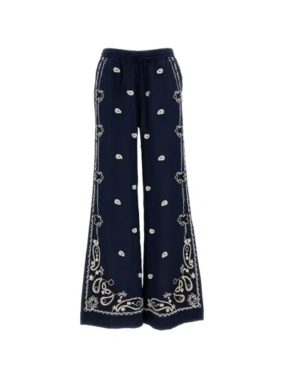 P.a.r.o.s.h Embroidered Wide-leg Linen Trousers With Adjustable Waistband In Blue
