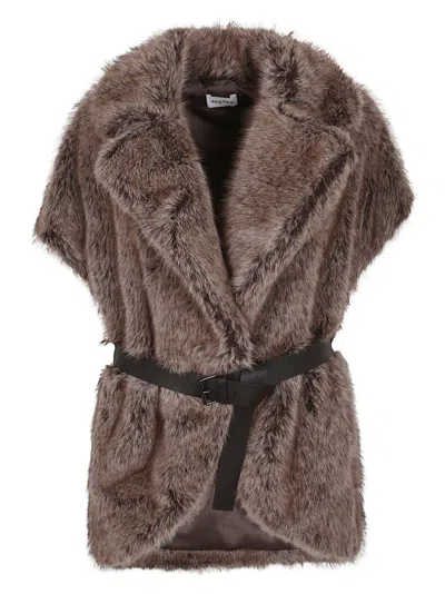 P.A.R.O.S.H PAROSH FAUX FUR VEST WITH LAPEL COLLAR AND TONE-ON-TONE BELT