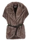 P.a.r.o.s.h Parosh Faux Fur Vest With Lapel Collar And Tone-on-tone Belt In Brown