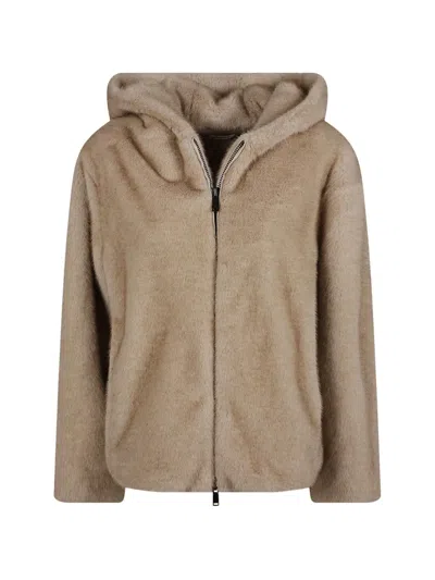 P.a.r.o.s.h Plush Faux Fur Jacket With Front Zipper And Hood In Brown