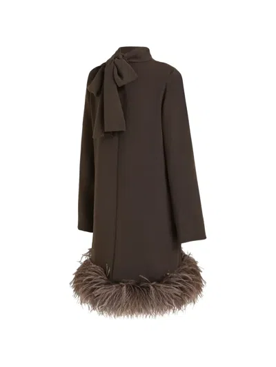 P.a.r.o.s.h Feather-trim Bow-detail Long-sleeved Shift Mini Dress In Brown