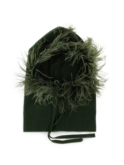 P.a.r.o.s.h Feather-trim Knitted Balaclava In Green
