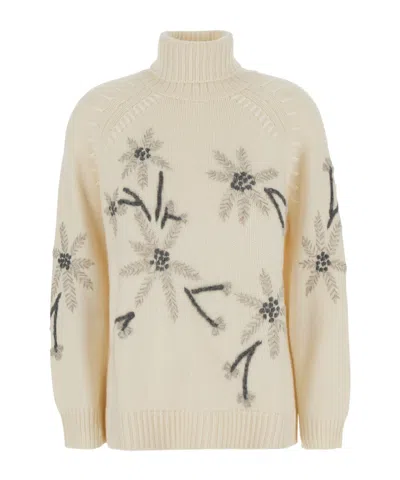 P.a.r.o.s.h . Floral Embroidered High Neck Knitted Sweater In Neutral