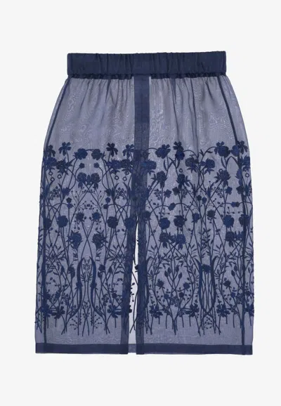P.a.r.o.s.h Floral Embroidered Midi Skirt In Blue