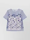 P.a.r.o.s.h Floral Embroidered Sheer Overlay Blouse With Keyhole In Blue