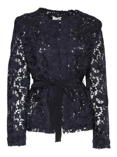 P.a.r.o.s.h Floral Lace Jacket With Cinched Waist And Belt In Blue