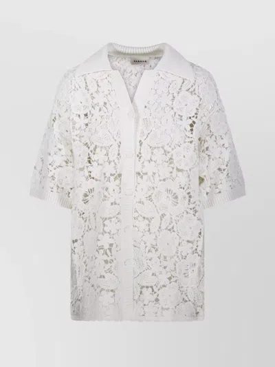 P.a.r.o.s.h Floral Lace Ribbed Collar Short Sleeve Top In White