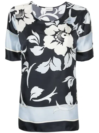 P.a.r.o.s.h Floral Print Relaxed Fit Short Sleeve Top In Black