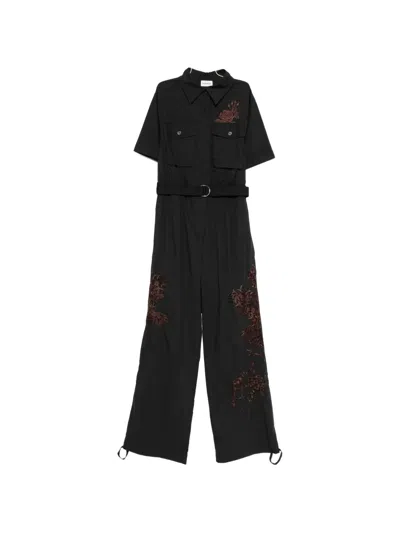 P.a.r.o.s.h Flower-embroidered Belted Jumpsuit In Black