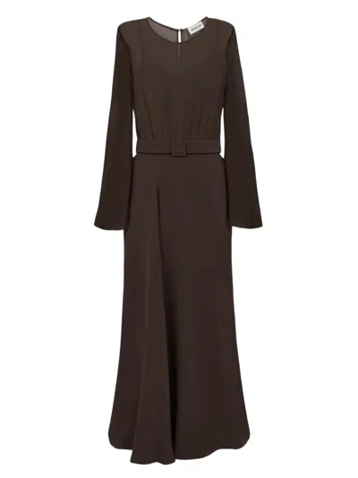 P.a.r.o.s.h Flowing Maxi Dress With Sheer Sleeves And Belt Detail In Brown