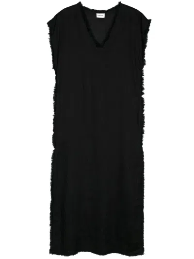 P.a.r.o.s.h Frayed Linen Midi Dress In Nero