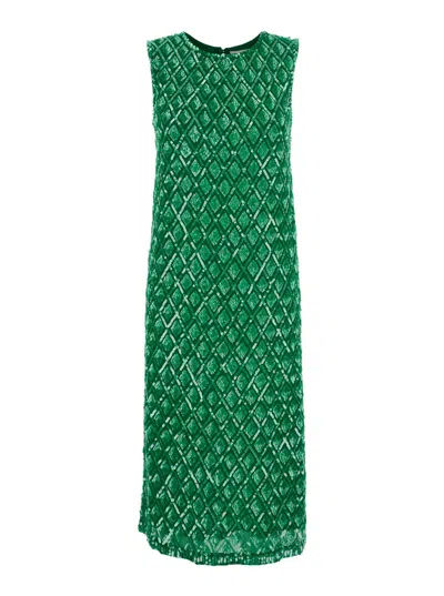 P.A.R.O.S.H GREEN LONG DRESS WITH ALL-OVER APPLIED SEQUINS AND GEOMETRIC MOTIF IN TECH FABRIC WOMAN