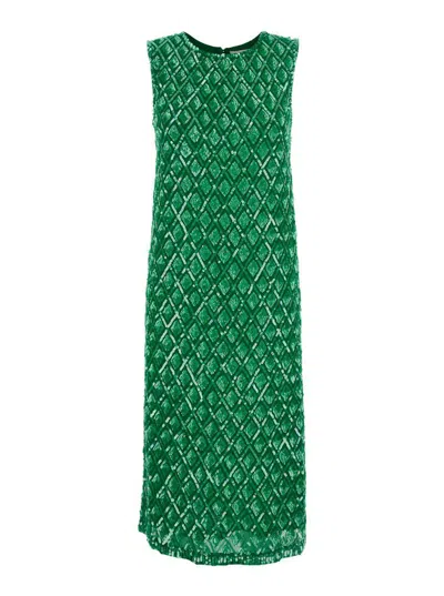 P.a.r.o.s.h Green Long Dress With All-over Applied Sequins And Geometric Motif In Tech Fabric Woman