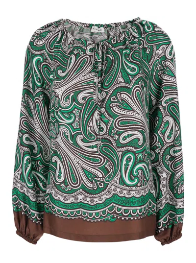 P.a.r.o.s.h Green Silk Blouse With Long Puffed Sleeves And All-over Print Woman In Multi