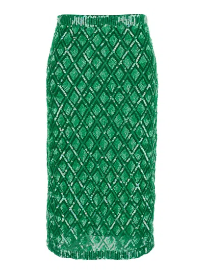 P.A.R.O.S.H GREEN SKIRT WITH ALL-OVER APPLIED SEQUINS AND GEOMETRIC MOTIF IN TECH FABRIC WOMAN