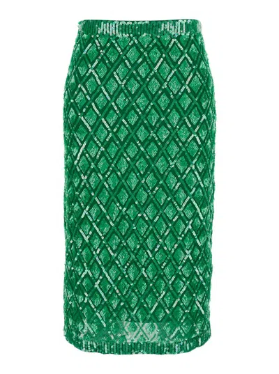 P.A.R.O.S.H GREEN SKIRT WITH ALL-OVER APPLIED SEQUINS AND GEOMETRIC MOTIF IN TECH FABRIC WOMAN