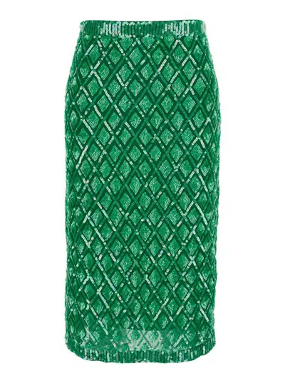 P.A.R.O.S.H GREEN SKIRT WITH ALL-OVER APPLIED SEQUINS AND GEOMETRIC MOTIF IN TECH FABRIC WOMAN