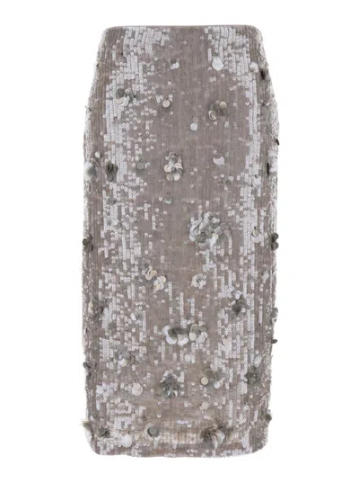P.A.R.O.S.H P.A.R.O.S.H. GREY LONG SKIRT WITH ALL-OVER SEQUIN AND FLOWERS IN POLYAMIDE STRETCH