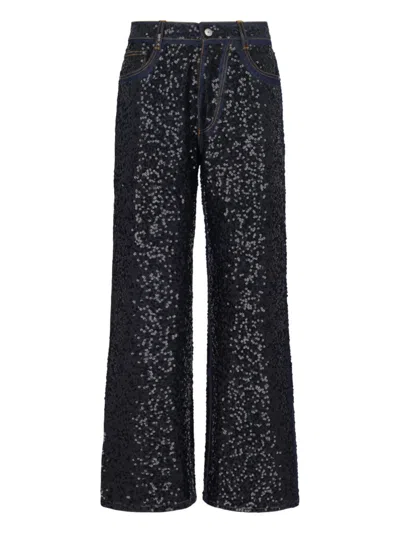 P.A.R.O.S.H PAROSH "GUFF" SEQUIN STRAIGHT JEANS IN BLACK STRETCH DENIM