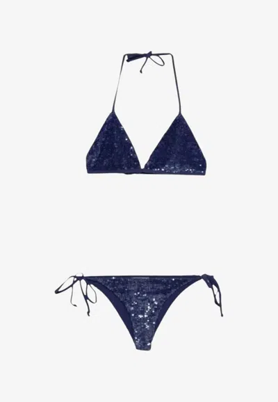 P.a.r.o.s.h Triangle Halter Bikini Sequin Low Rise Set In Blue