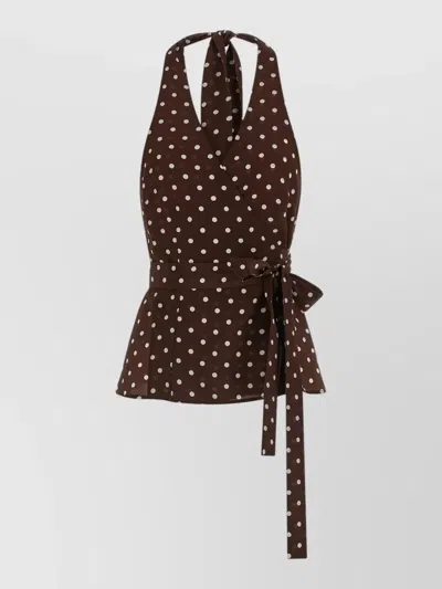 P.a.r.o.s.h Halterneck Wrap Top Tie Waist Polka Dots In Brown