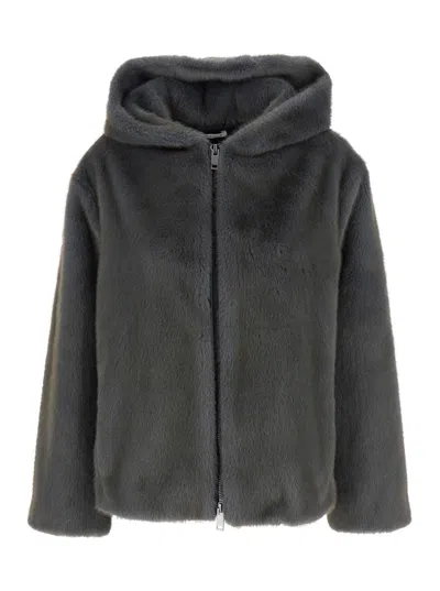 P.A.R.O.S.H GREY JACKET WITH FIXED HOOD AND ZIP FASTENING IN ECO FUR WOMAN