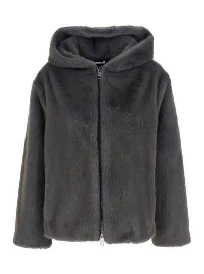 P.a.r.o.s.h Hooded Eco Fur Jacket In Gray