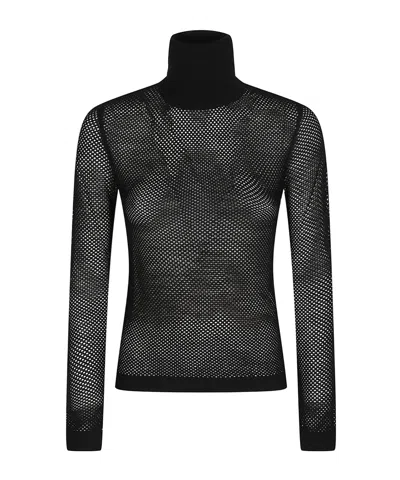 P.a.r.o.s.h Black Lanet Turtle Neck Open Knit Wool Turtleneck