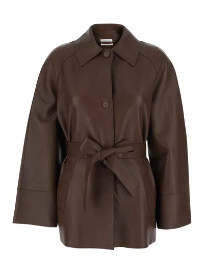 P.a.r.o.s.h Brown Jacket With Wide Collar And Front Belt Closure In Leather Woman
