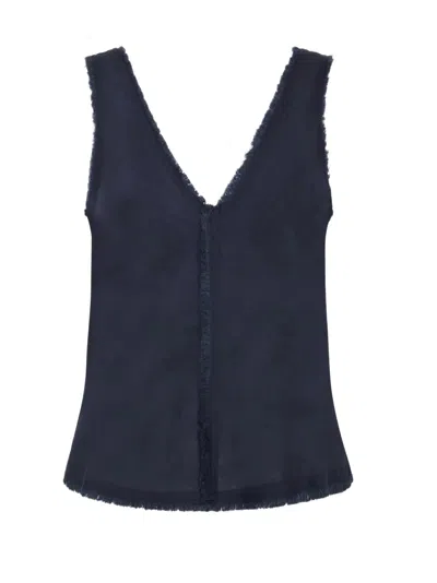 P.a.r.o.s.h Linen Sleeveless Top With V-neckline And Frayed Detailing In Blue