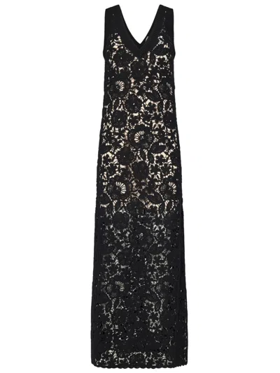 P.a.r.o.s.h Parosh Long Black Cotton Crochet Lace Dress With V-neckline