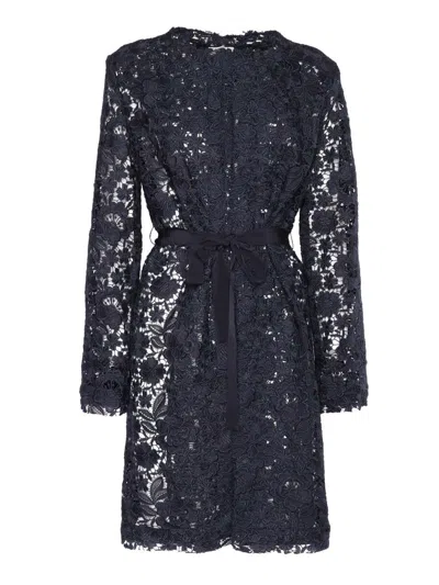 P.a.r.o.s.h Long Floral Lace Jacket With Belted Waist In Blue