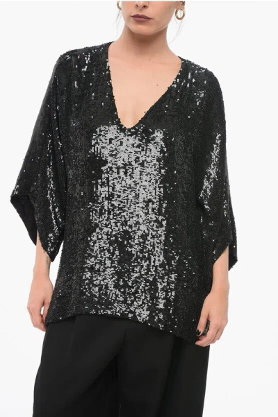 P.a.r.o.s.h Long Sleeved Top With Allover Sequins In Black