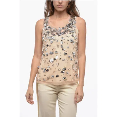 P.a.r.o.s.h Mesh Top With Shimmer Effect Application In Neutral