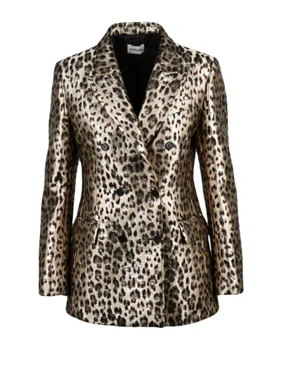 P.a.r.o.s.h Metallic Lamé Double-breasted Jacket With Leopard Print Design In Grey