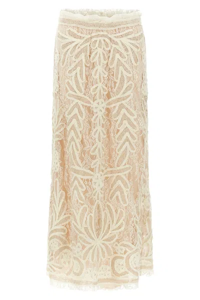 P.a.r.o.s.h Beige Long Skirt With All-over Lace Embroidery In Tech Fabric Woman In Neutral