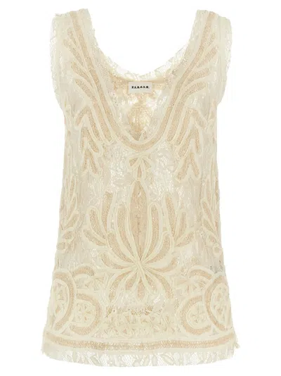 P.a.r.o.s.h Beige Top With Drop Neckline And All-over Applied Motif In White
