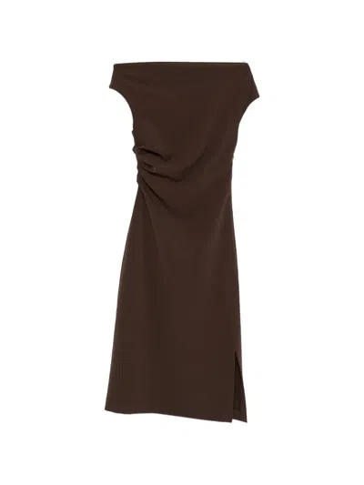 P.a.r.o.s.h Off-shoulder Ruched Midi Dress In Brown