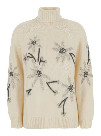 P.a.r.o.s.h P. A.r. O.s. H. High-neck Cashmere Sweater With All-over Floral Embroidery In Neutral