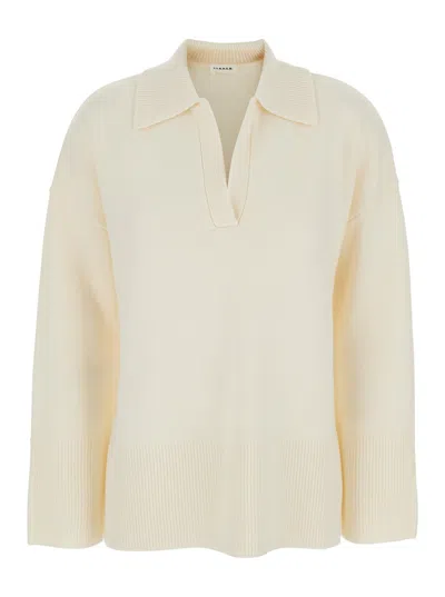 P.a.r.o.s.h P. A.r. O.s. H. Wool-cashmere Polo Collar Sweater With Dropped Shoulder And Ribbed Trims In Neutral
