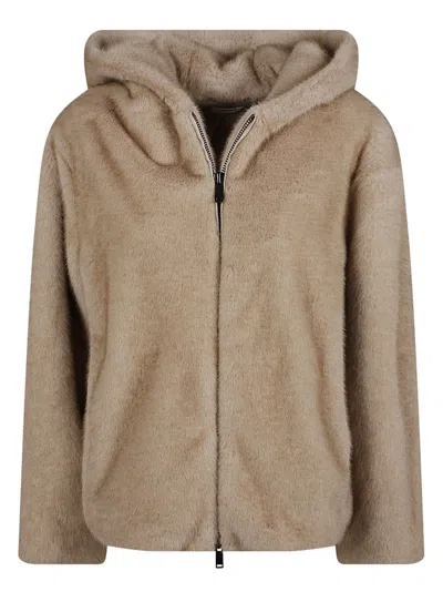 P.a.r.o.s.h Plush Faux Fur Jacket With Front Zipper And Hood In Brown