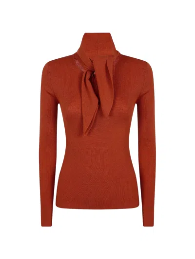 P.a.r.o.s.h Pussy-bow Ribbed-knit Sweater In Brown